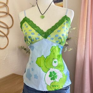 Y2K Carebears Green Good Luck Bear Lace Flower Satin Silky Babydoll Cami Top